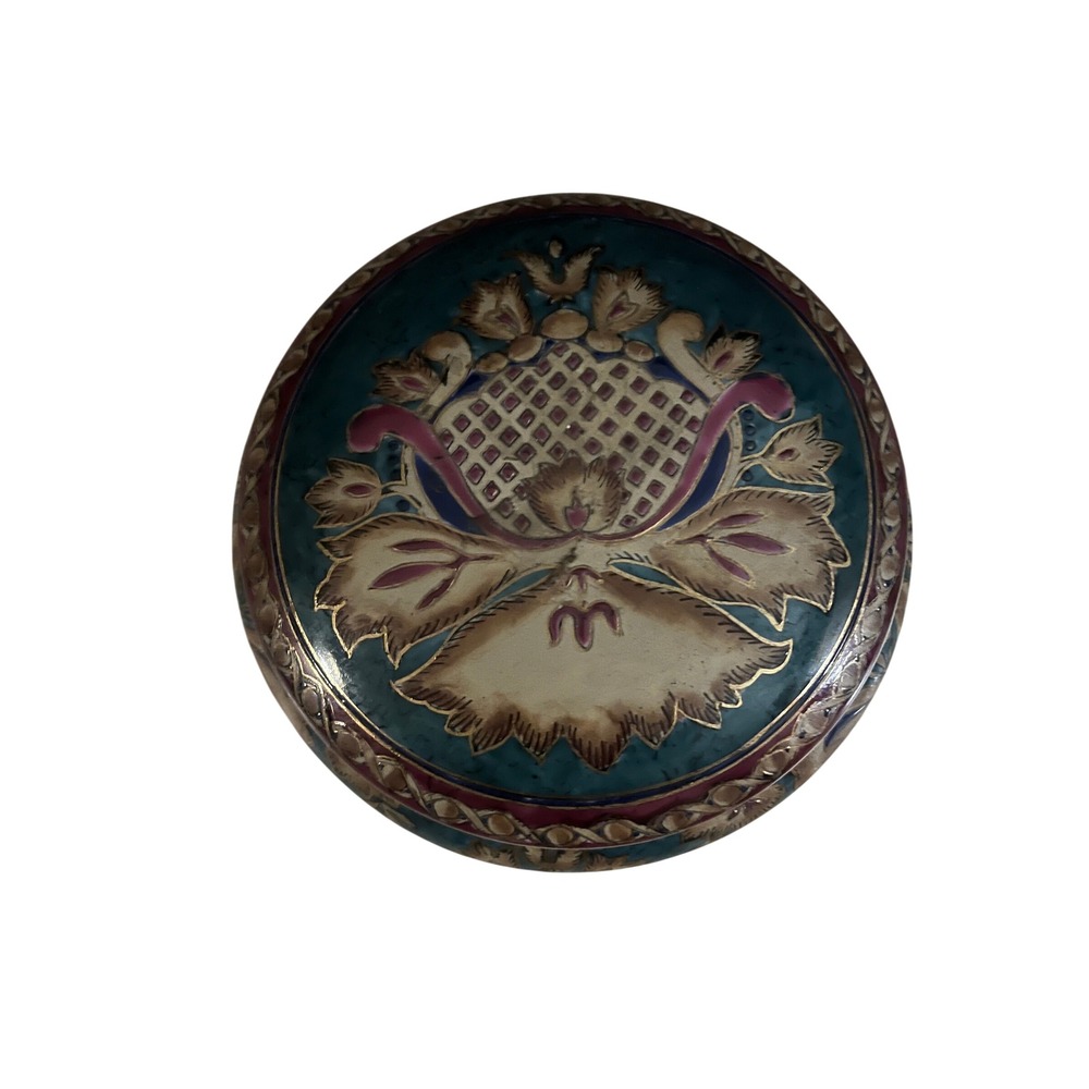 Vintage Hand Painted Porcelain Trinket Box Teal Floral Gold Accents Circular